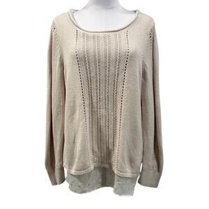 Lucky Brand Cream Knit Sweater Layered Chiffon Large Chic Boho Cottage Neutral